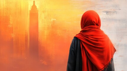 World Hijab Day A figure in a red scarf gazes at a misty urban skyline.