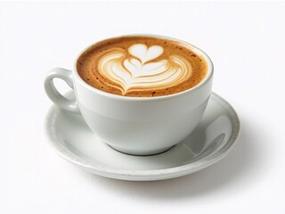 Cappuccino with latte art on white plate, clean background. Ideal for coffee posters, sharp textures, studio lighting, high resolution.