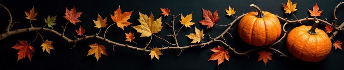 Fototapeta premium Leaves and pumpkin vines entwined on a black background, vine, autumn, garden