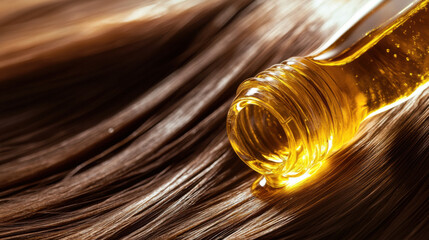 Fototapeta premium Close-Up of Hair Oil Bottle with Liquid Pouring on Silky Soft Hair, Capturing the Essence of Hair Care and Moisture, Highlighting Beauty and Shine in Every Drop