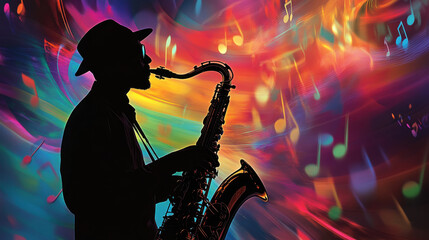 Vibrant Silhouette of a Saxophonist Against a Colorful Musical Background with Notes and Energy,...