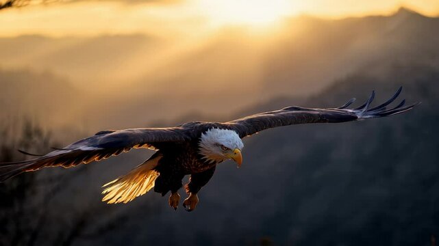 An eagle with outstretched talons swoops down from the sky, feathers detailed and sharp, sunlight glistening off its wings. blurred warm light background.