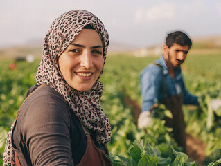 Female Farmer Working in a Lush Green Field With Fellow Worker During Daylight in a Middle Eastern Agricultural Area