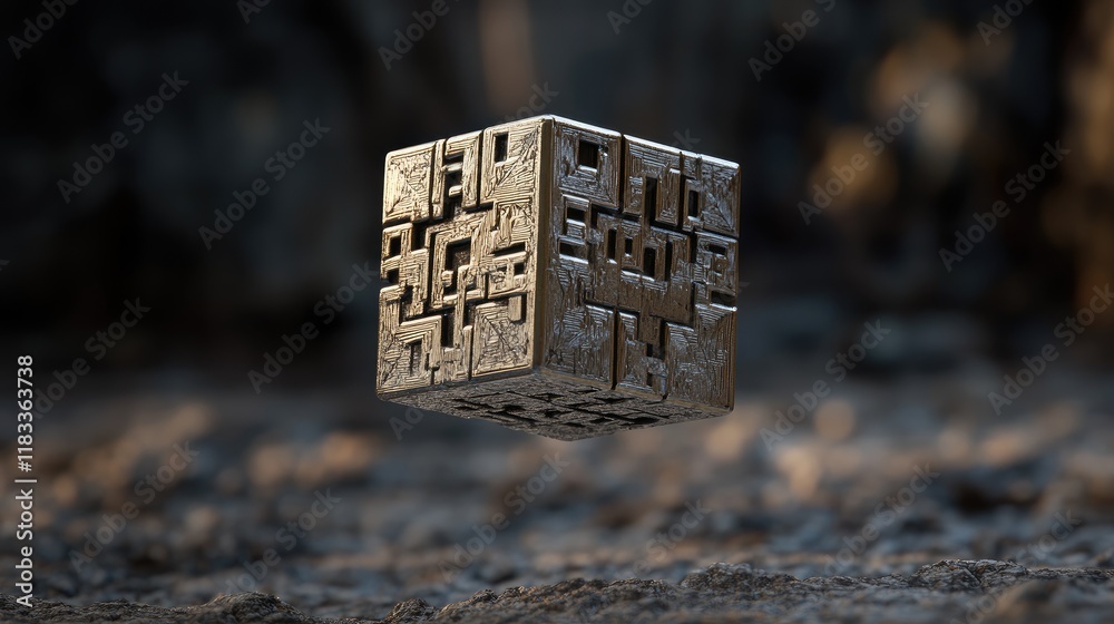 Poster a 3d render of a crossmatic puzzle cube with metallic textures and engraved patterns, hovering mid-a