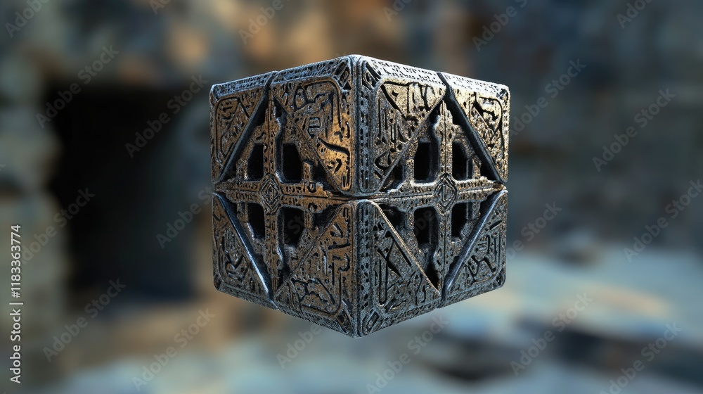 Poster a 3d render of a crossmatic puzzle cube with metallic textures and engraved patterns, hovering mid-a