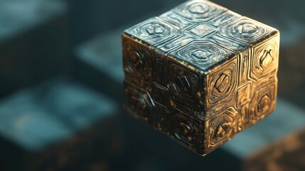 A 3D render of a Crossmatic puzzle cube with metallic textures and engraved patterns, hovering mid-air.