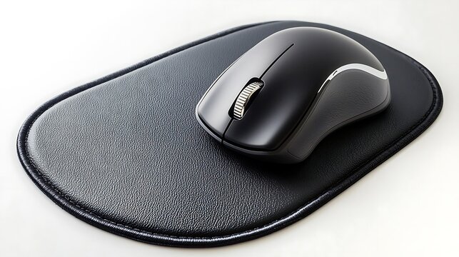 A black computer mouse sits on a black mouse pad