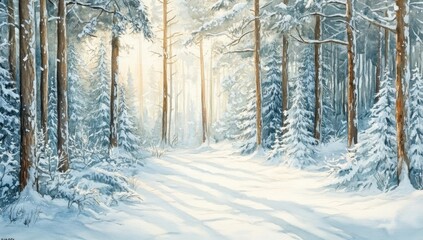 Fototapeta premium Sunlit snowy winter forest path.