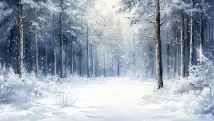 Naklejka premium Snowy forest path, winter wonderland scene.