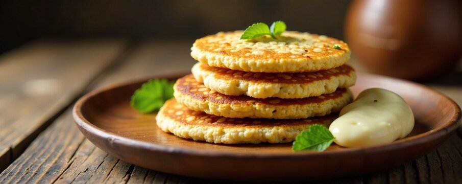 Oatcakes stacked high on a wooden plate with a side of creamy laverbread, rustic, natural