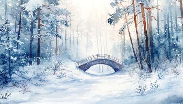 Snowy winter forest scene with arched bridge.