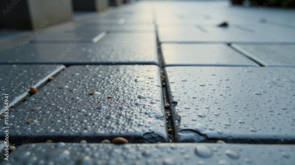 Poster close-up view of wet pavement tiles with small debris