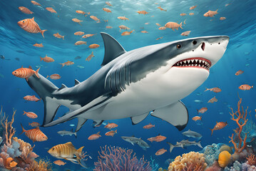 Obraz premium A shark swims alongside small fish in the ocean.