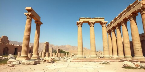Fototapeta premium Ruined bull column crumbling in the foreground at Persepolis, Iran, Persepolis, ancient