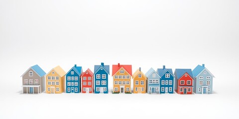 Fototapeta premium Row of white paper houses with intricate details standing out against a vibrant blue background, miniature, concept