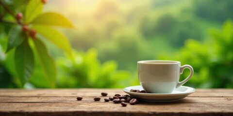 Morning Coffee Break A Serene Cup of Coffee Outdoors on a Wooden Table with Roasted Beans and Lush Greenery