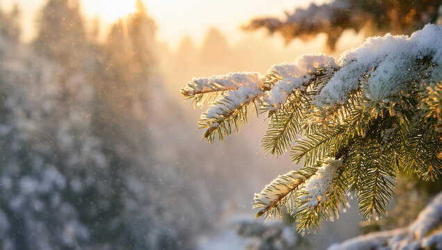 Pine leaves and snow with sunlight in winter
