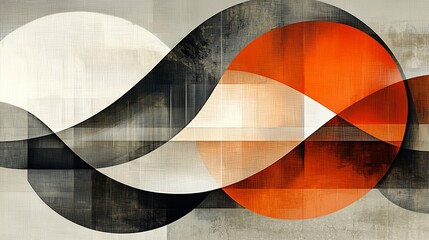 Abstract art with flowing curves, circles, and textured backgrounds in grey, orange, and white.