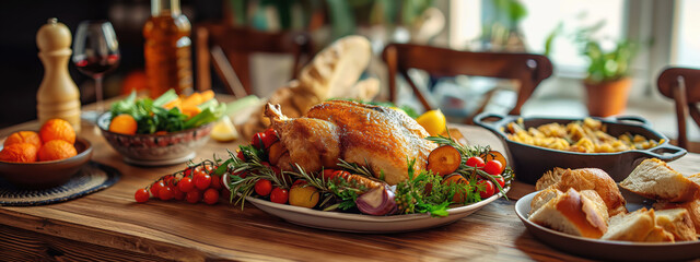 Rustic farmhouse dining table set with hearty roasted chicken and seasonal vegetables in a warm, inviting environment