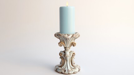 A decorative candlestick with ornate patterns, holding a pastel blue candle, centered on a white background.