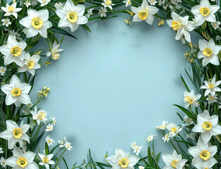 Obraz premium flowers daffodils on blue background. spring card.