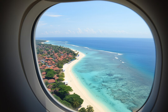 ocean beach view from airplane window, tropical island