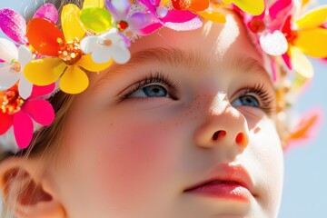 A close-up of a child wearing a colorful flower crown, gazing thoughtfully into the distance with bright blue eyes.