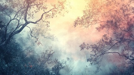Obraz premium Dreamlike forest scene with misty, colorful sky and bare tree branches.