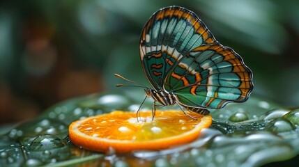 Green malachite butterflies eat an orange slice