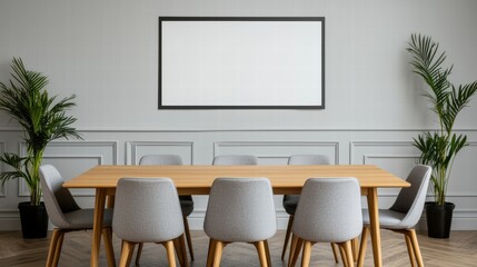 Modern boardroom with blank presentation screen and sleek chairs ready for corporate showcase
