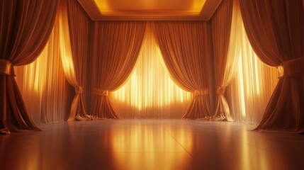 Fototapeta premium A luxurious empty room rendered in 3D with satin drapery and warm lighting, perfect for high-end fashion or beauty displays.