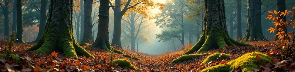 Obraz premium Rustic forest landscape with tall trees and moss-covered trunks, forest floor, woodland, autumnal