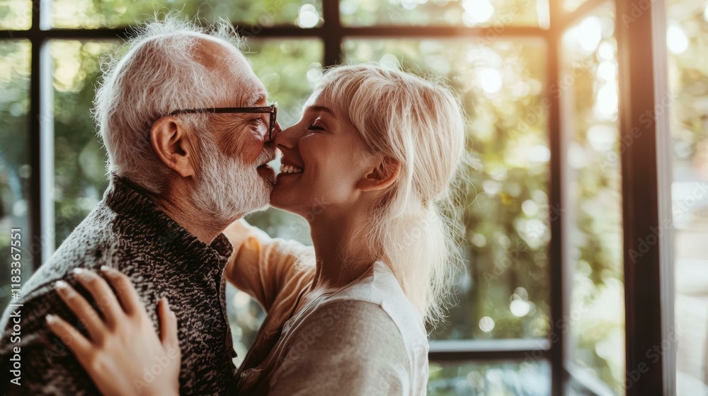 Poster A tender moment shared between an elderly couple. AI.