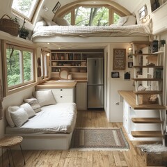 Inviting tiny house interior featuring a loft bed, natural wooden finishes, cozy seating, and large windows with a view of lush greenery.