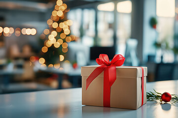 Wrapped gift box with red ribbon on white desk in a festive corporate office setting