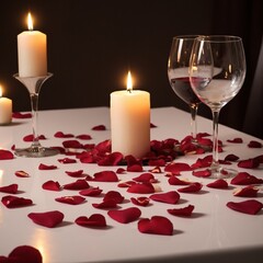 Romantic Dinner Setting with Candles Wine and Rose Petals on Table