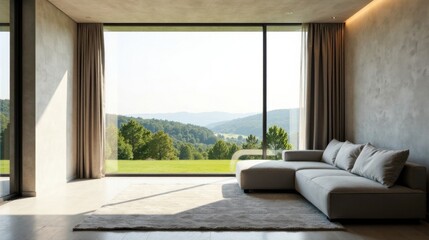 Naklejka premium Modern minimalist living room design with sectional sofa and panoramic window showcasing a scenic view of tranquil nature