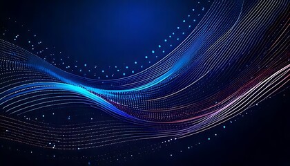 Wavy lines with blue and pink dots flow across the dark abstract background.