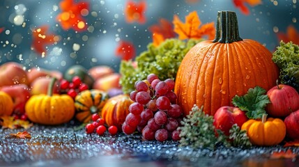 Half fresh pumpkin with other autumn fruits 