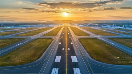 Clear view from above of a sunlit airport runway, with planes and terminal buildings in the distance.