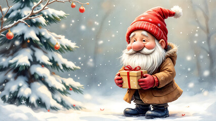 watercolor painting cute gnome with christmas gift . Generative AI