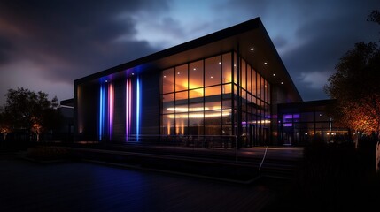 Night View of a Modern Building with Colorful Lighting