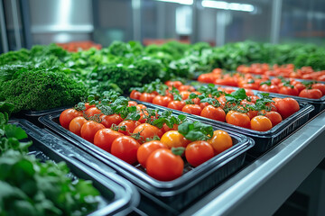 Fresh Cherry Tomatoes and Leafy Greens in Produce Packaging 
