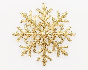 Mid-closeup of a glittering snowflake ornament, detailed design, cold winter sparkle against the white background