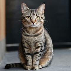 A tabby cat sits calmly. AI.