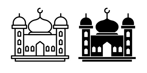 Mosque icons set in fill and stroke style on white background