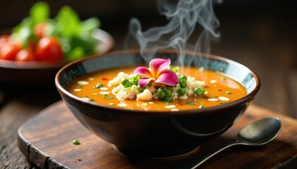 Steaming bowl of soup with a flower garnish on a wooden table, garnish, cooking, hot