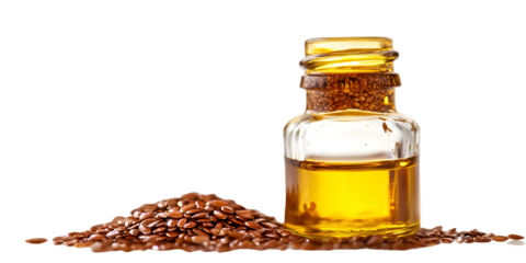classic glass vial of flaxseed oil isolated on white background 
