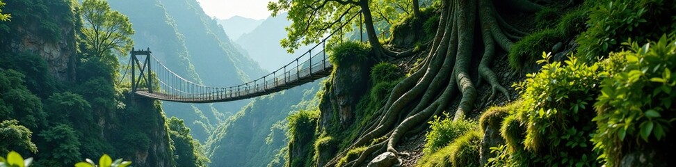 Obraz premium Steep forest cliff with moss-covered tree roots, moss, suspension bridge, trees