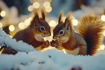 Festive squirrels sharing nuts in the snow. AI.